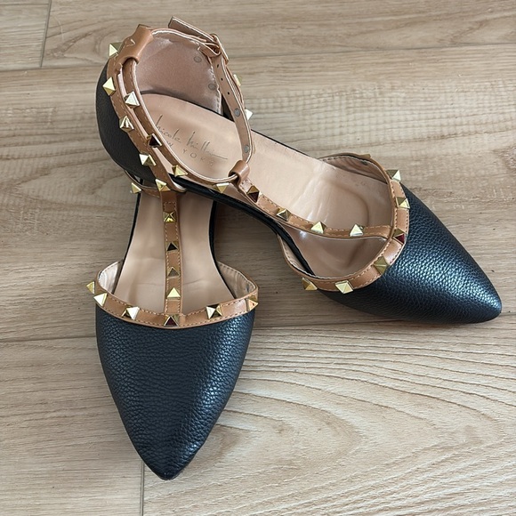 Nicole Miller Shoes - Nicole Miller Black Studded Pointed Toe Flats Buckle Ankle Size 9